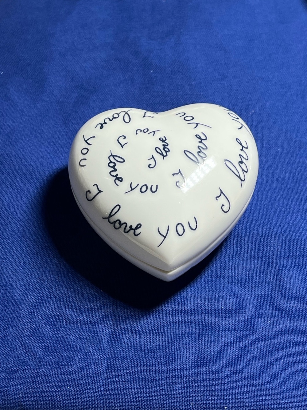 Limoges Heart Trinket Box in White with Black Script